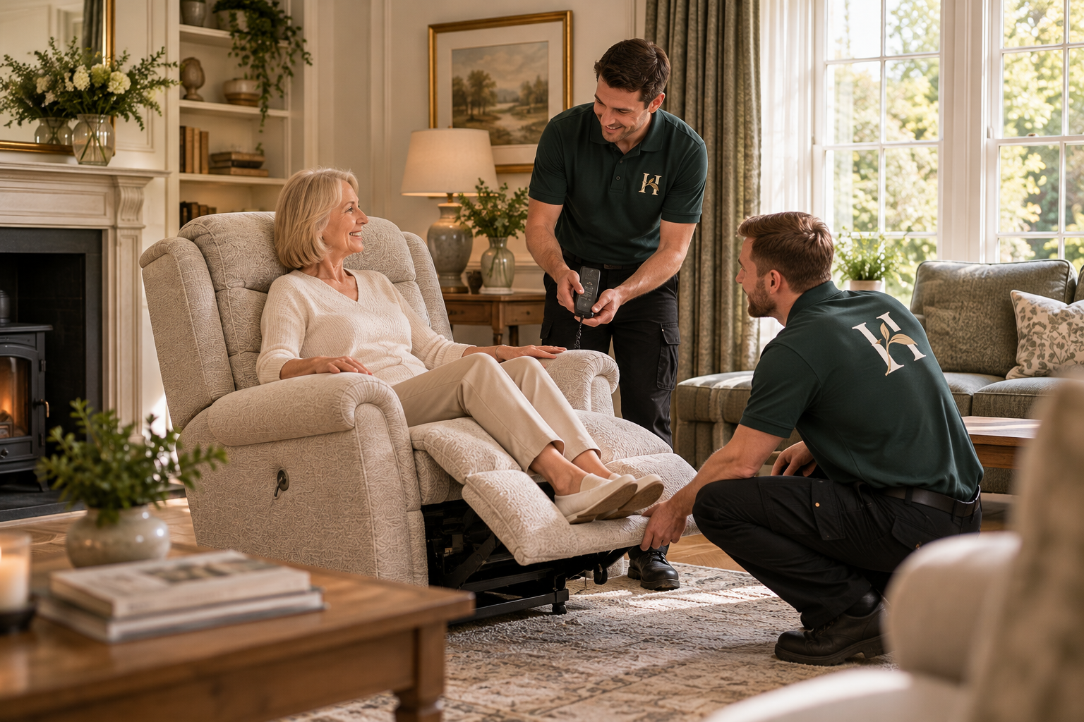 Two Hartwell Living specialists demonstrating a newly delivered riser recliner to a customer