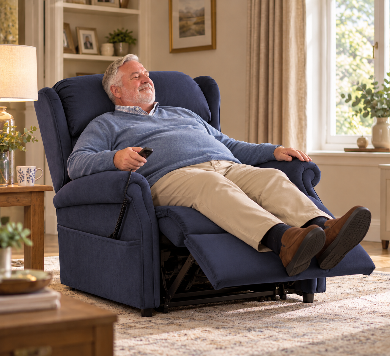 A man relaxing in the reclined Admiral bariatric riser recliner in navy upholstery in a sunlit living room
