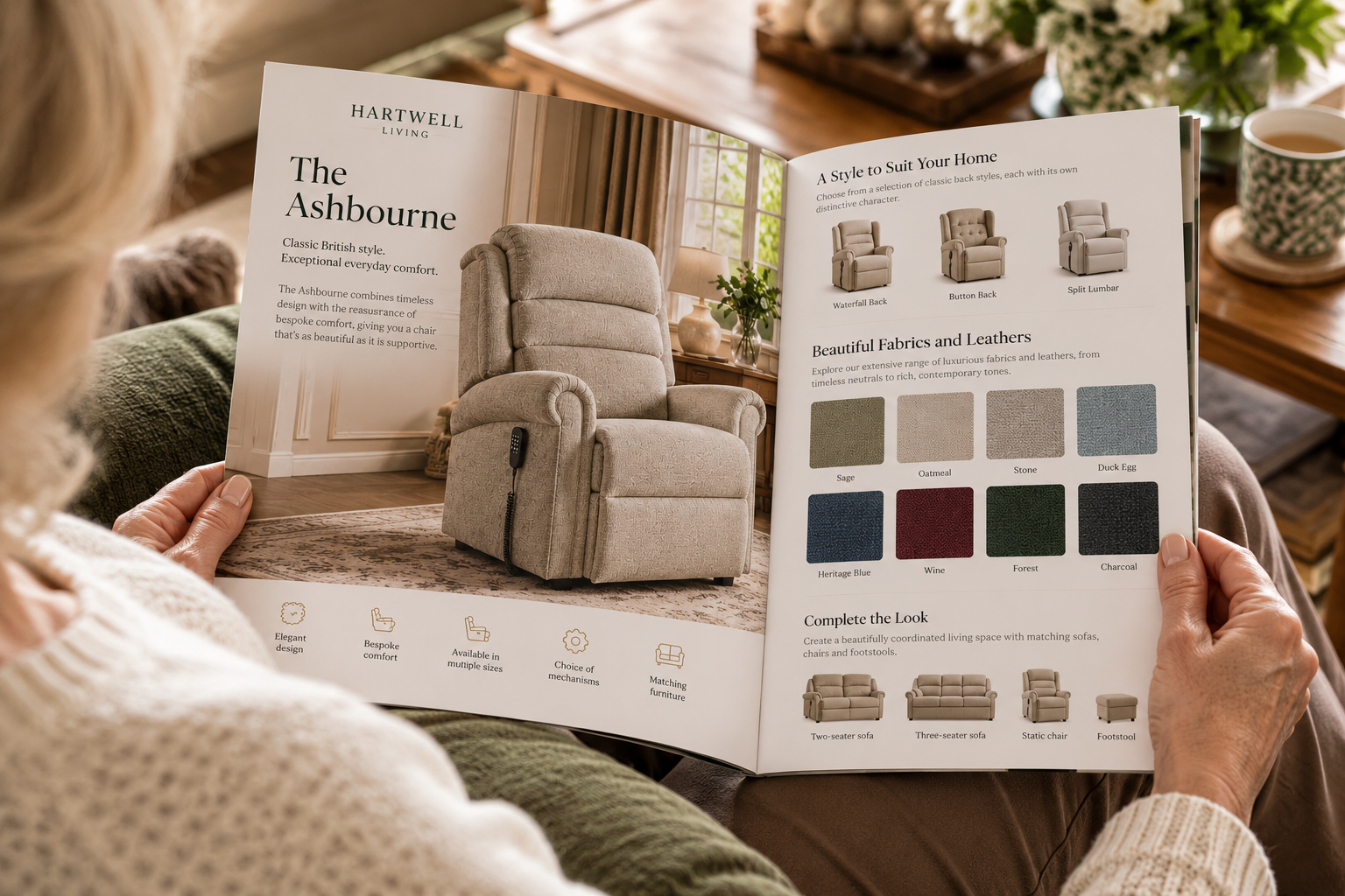A customer browsing the Hartwell Living Ashbourne chair brochure