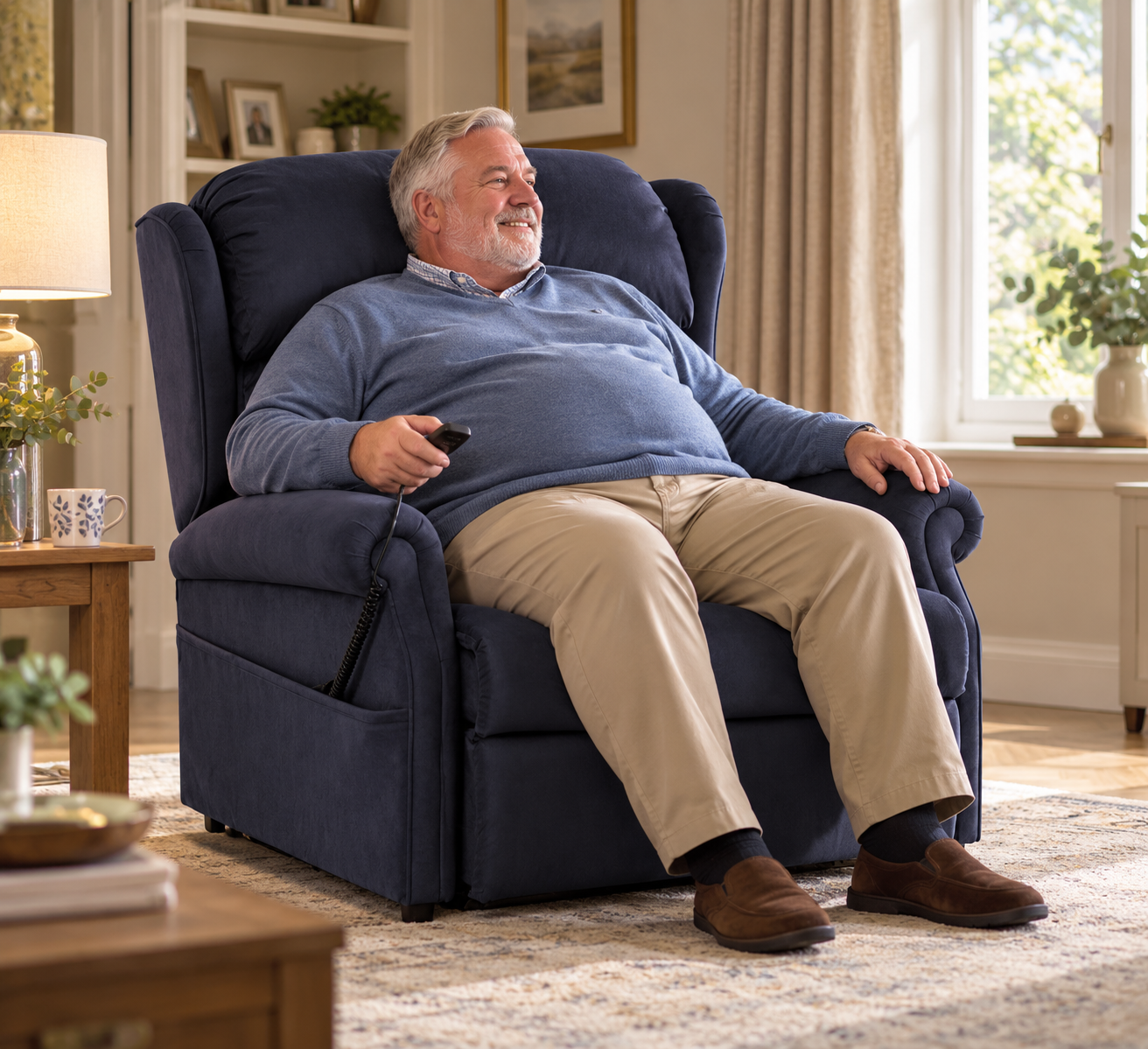 A man seated upright in the Admiral bariatric riser recliner in navy upholstery in a sunlit living room