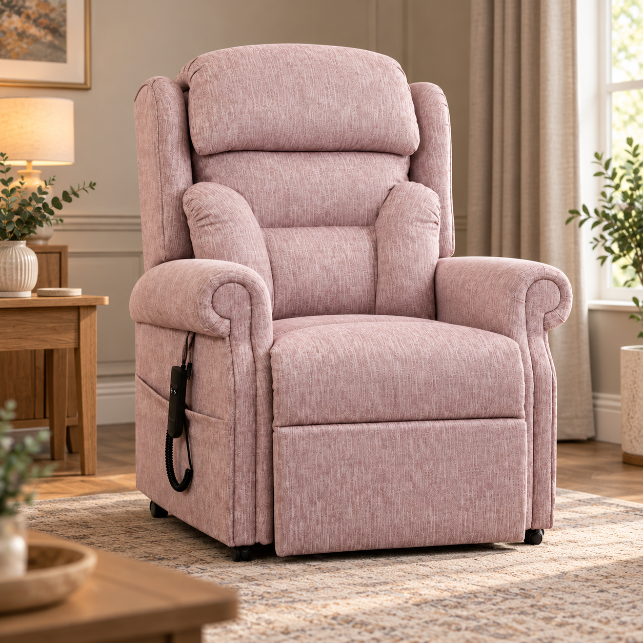 The blush Kensington riser recliner in a living room beside a window