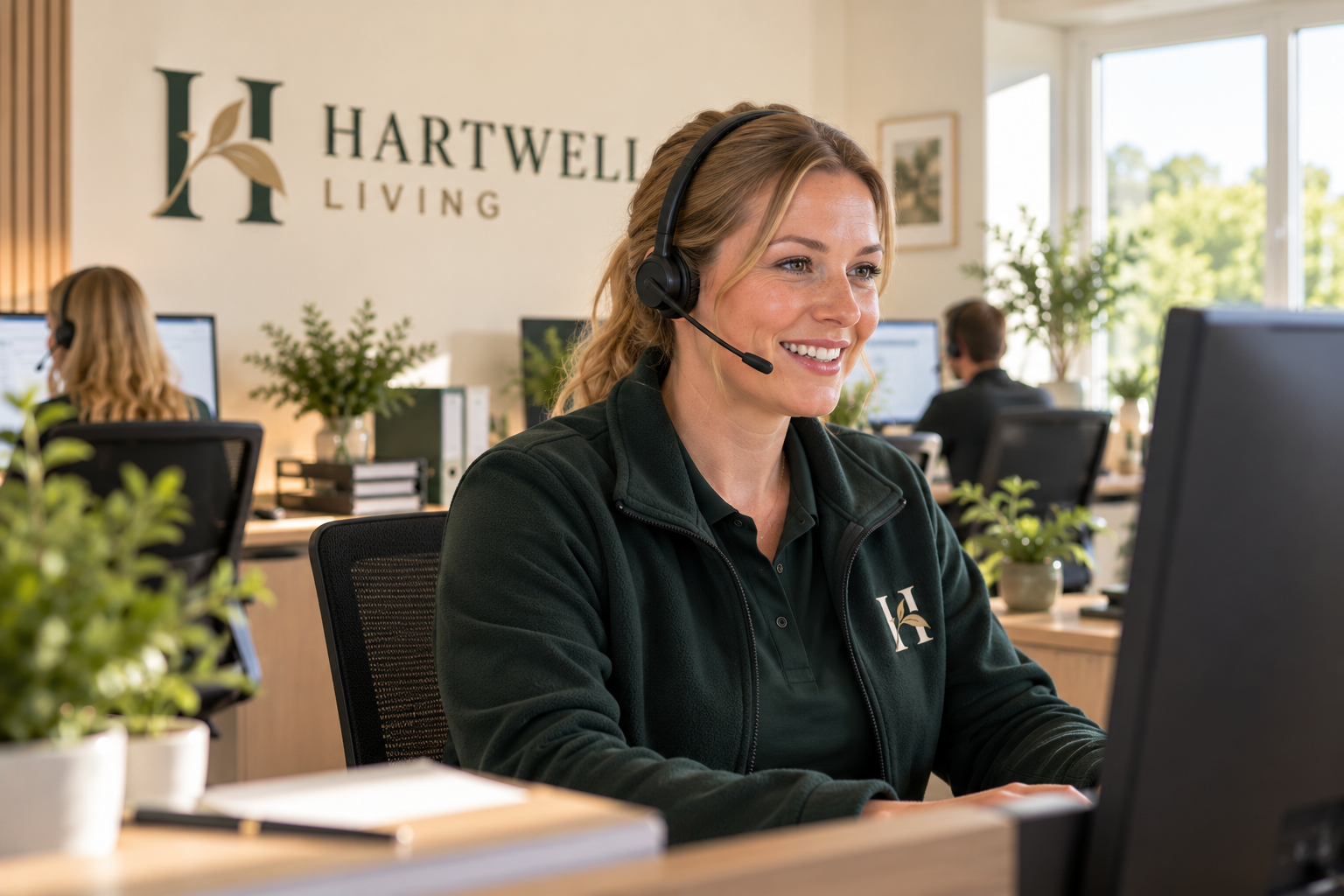 A Hartwell Living customer service advisor wearing a headset in the office