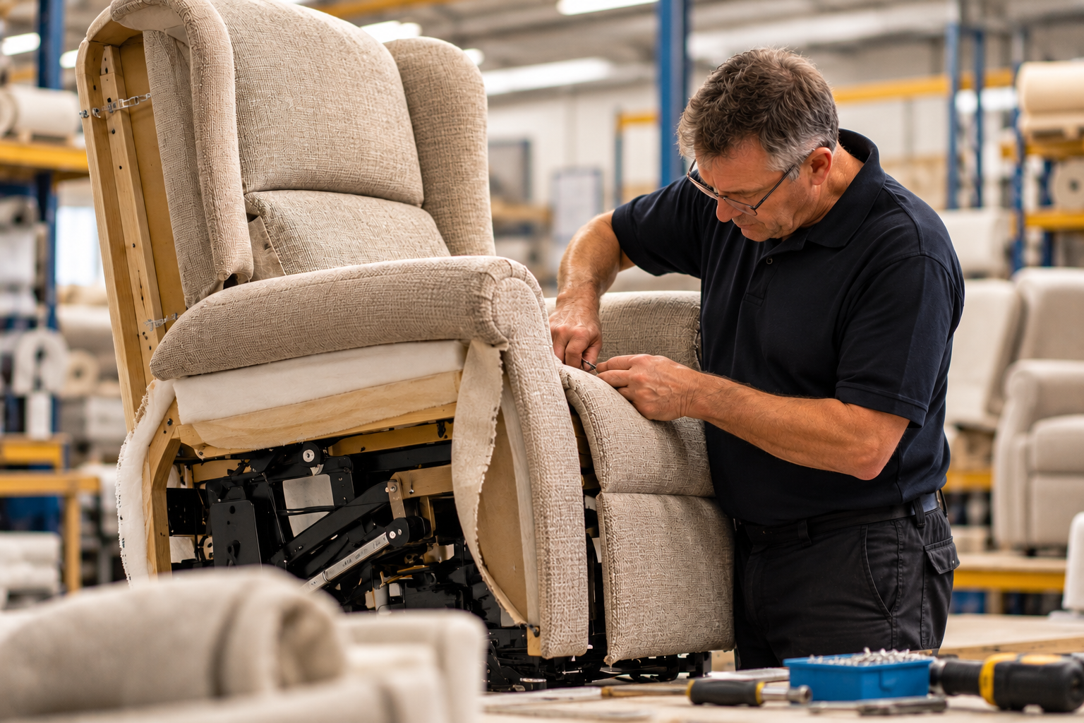 An upholsterer working on a cream riser recliner in a workshop