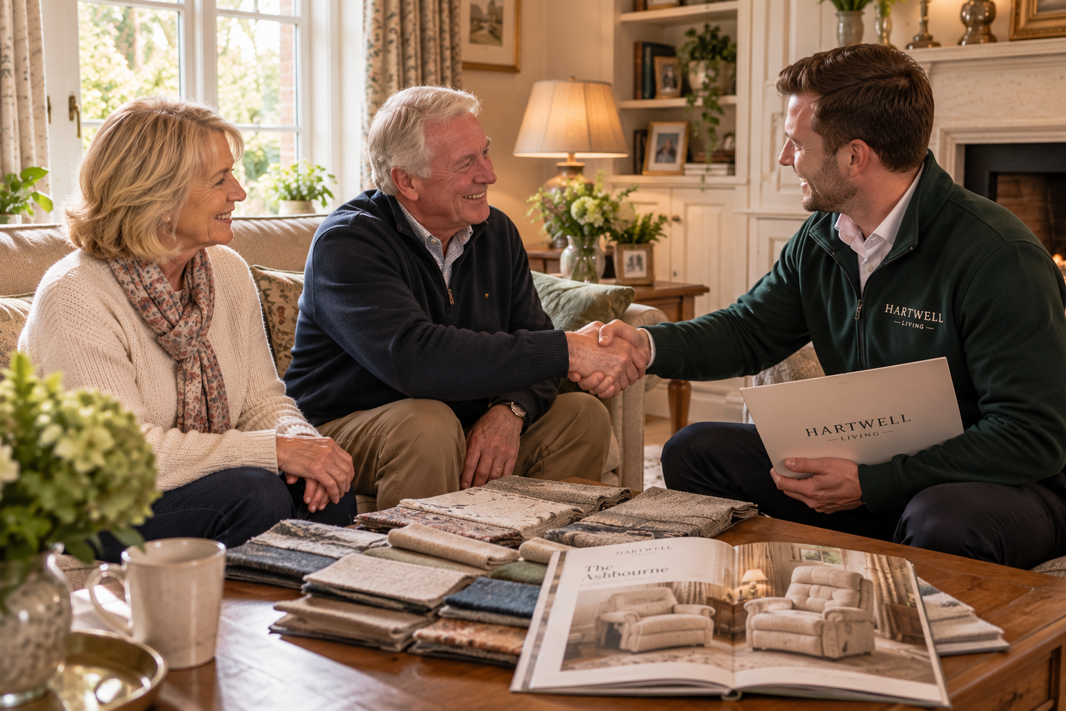 A Hartwell Living advisor shaking hands with an older couple during a home visit, with fabric samples and brochures on the table