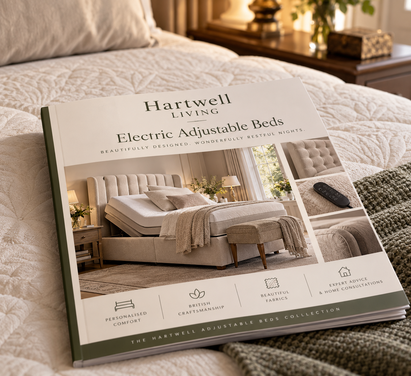 Hartwell Living electric adjustable beds brochure resting on a quilted bed