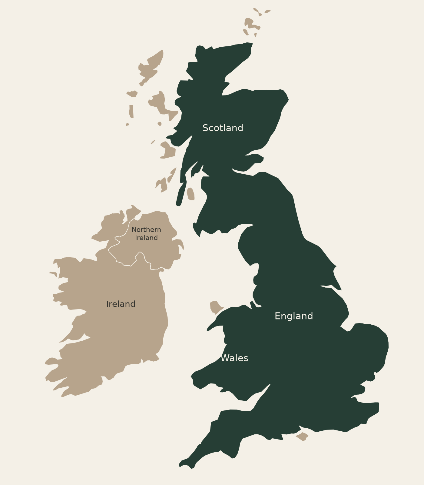 Map highlighting mainland Great Britain — England, Scotland and Wales — in green; Northern Ireland, Ireland and offshore islands are shown in stone.