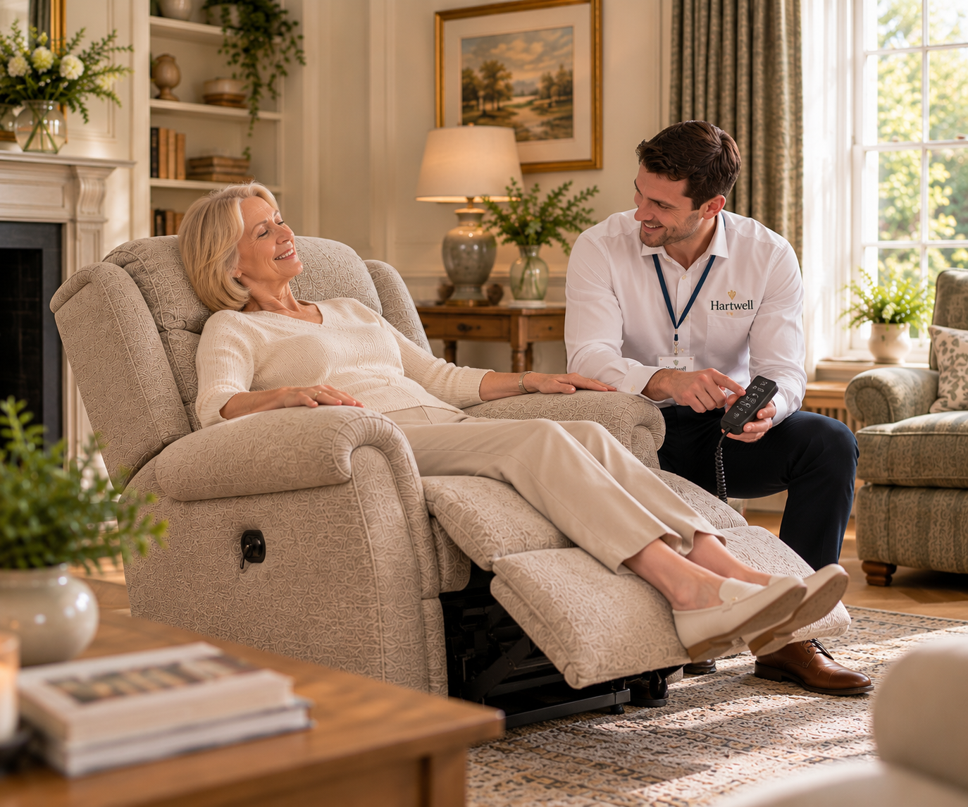 A Hartwell Living advisor bringing a demonstration chair to a customer's home