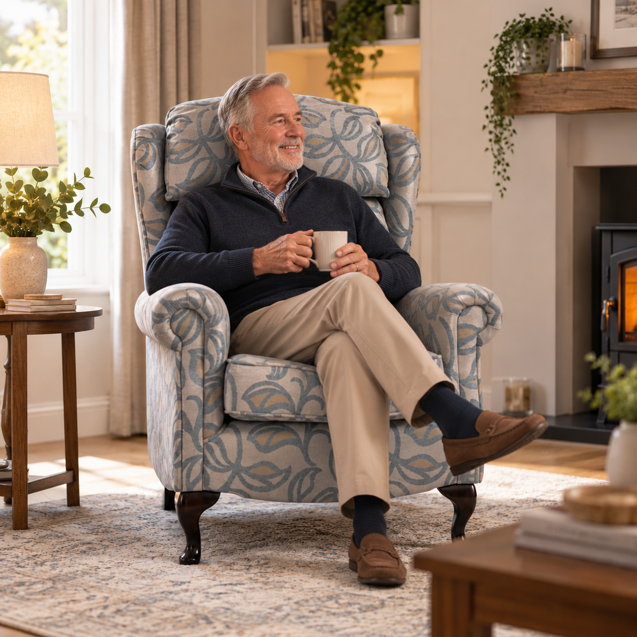 A man relaxing with a mug of tea in a patterned Sandringham fireside chair beside a log burner