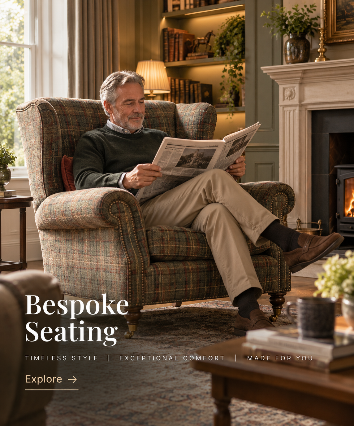 A Hartwell fireside chair beside a window