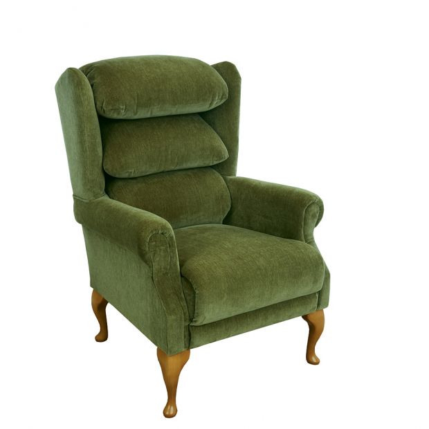 The Windsor in sage with light wooden Queen Anne-style legs, three-quarter view