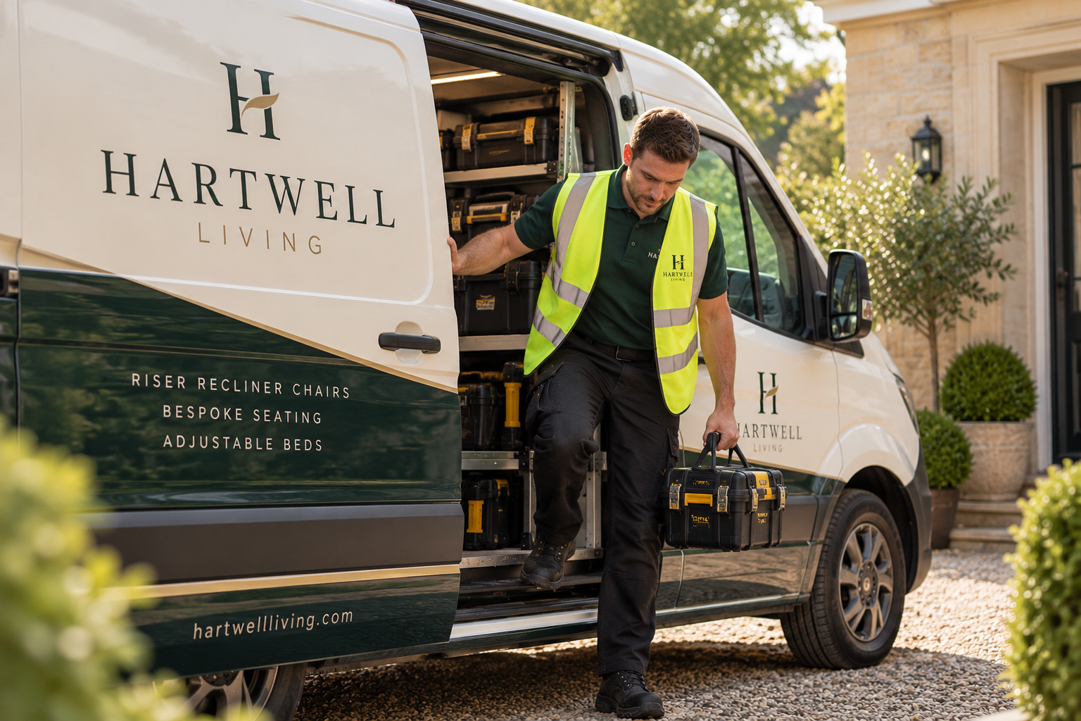 A Hartwell Living technician stepping out of the branded service van carrying a toolbox
