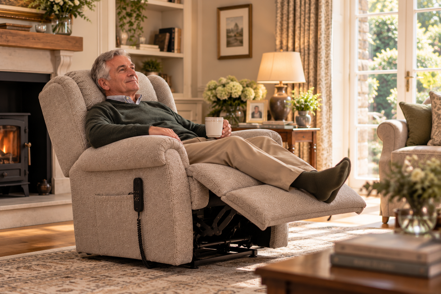 A gentleman relaxing with a cup of tea in his new reclined riser recliner by the fire