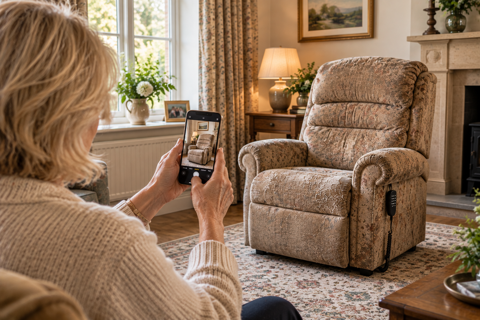 A customer photographing her old riser recliner for a trade-in enquiry