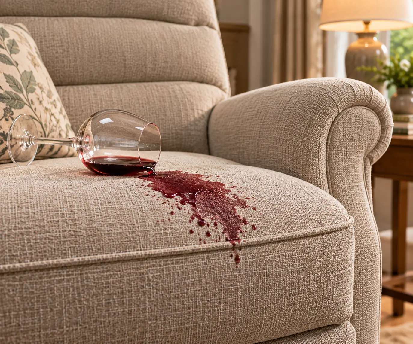 A spilled glass of red wine staining the seat cushion of a fabric riser recliner