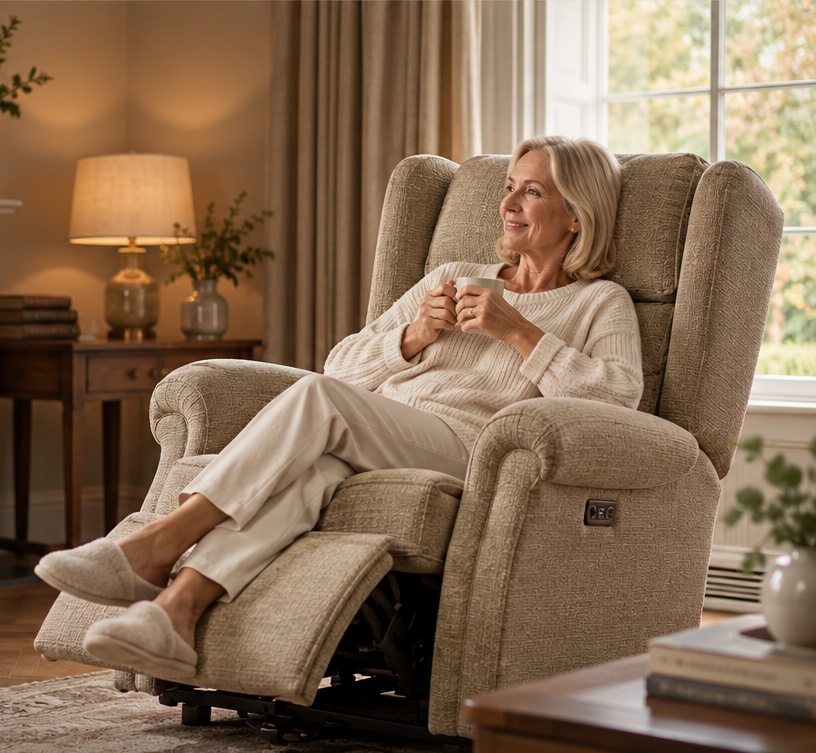 A woman relaxing in an upholstered recliner in a light-filled living room