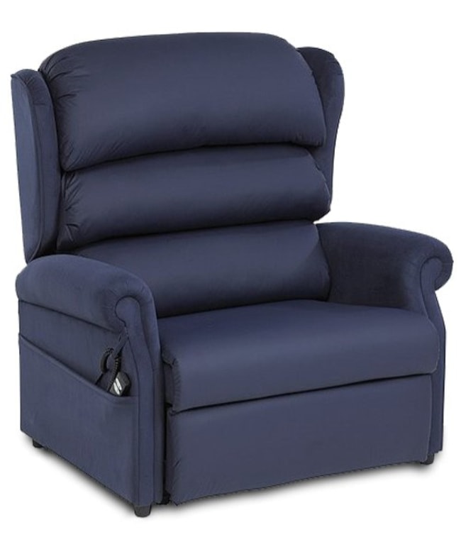 Front three-quarter view of the Admiral bariatric riser recliner in navy upholstery