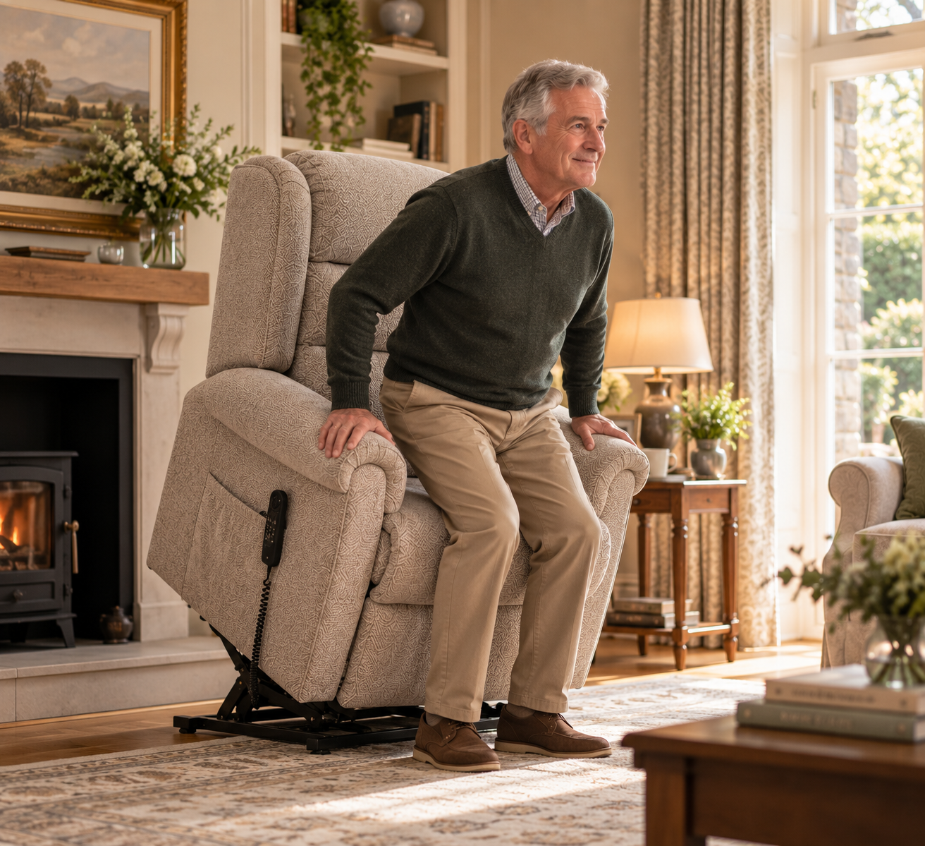 A Hartwell Living riser recliner gently assisting a customer to stand