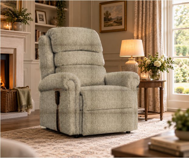 A finished rise and recline chair in a neutral fabric