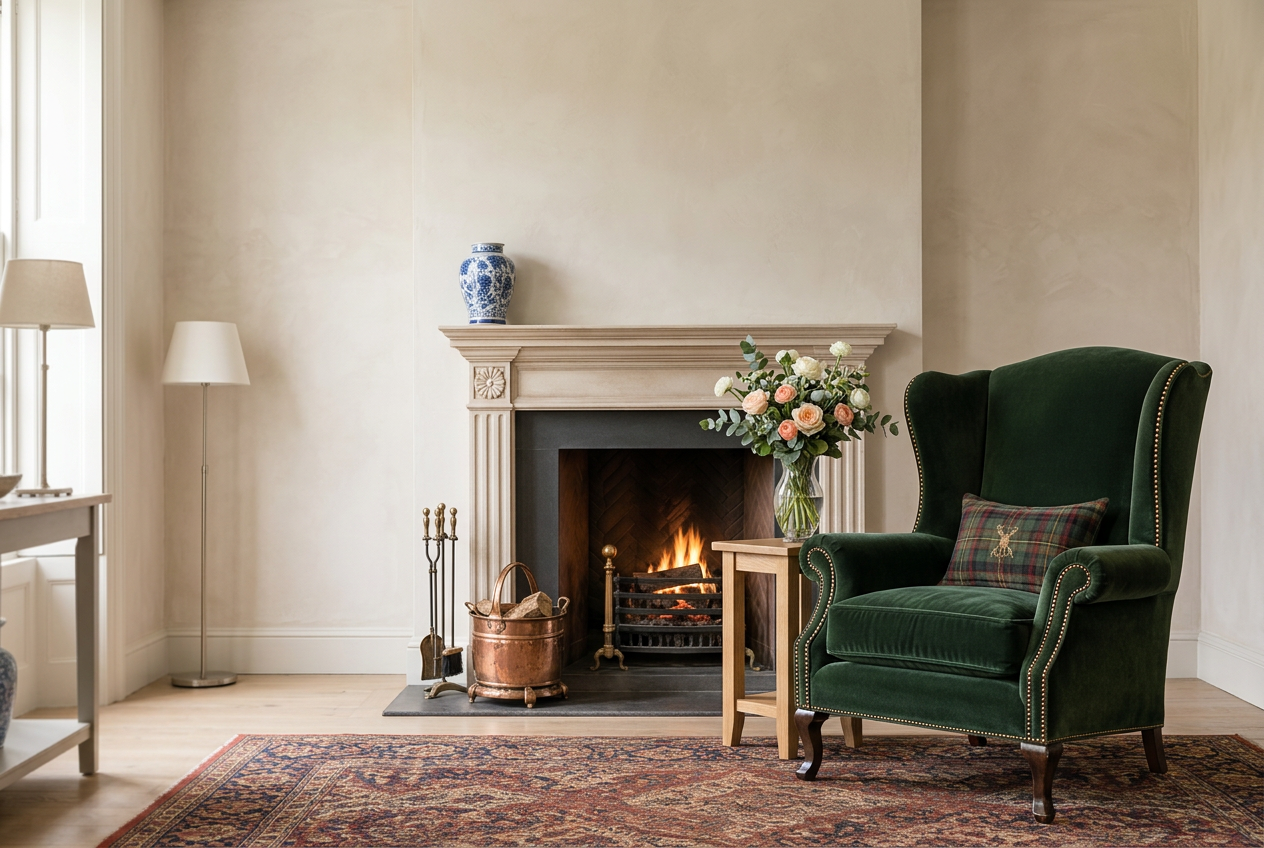 Country-house fireside room with a green upholstered armchair