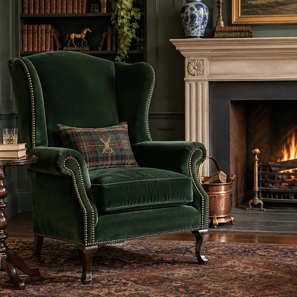 Traditional fireside chair showing a high back, upholstered arms and exposed wooden legs