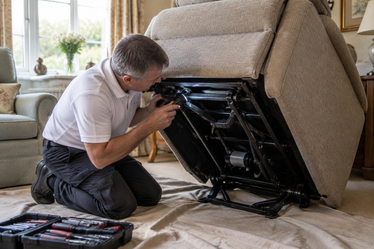 A technician inspecting the reclining mechanism of a chair in a customer’s home